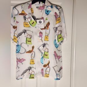 NWT Vtg Paolo Santini 8 Shrtslv 100%PureSILK Shoes Print ButtonsUp Women Blouse